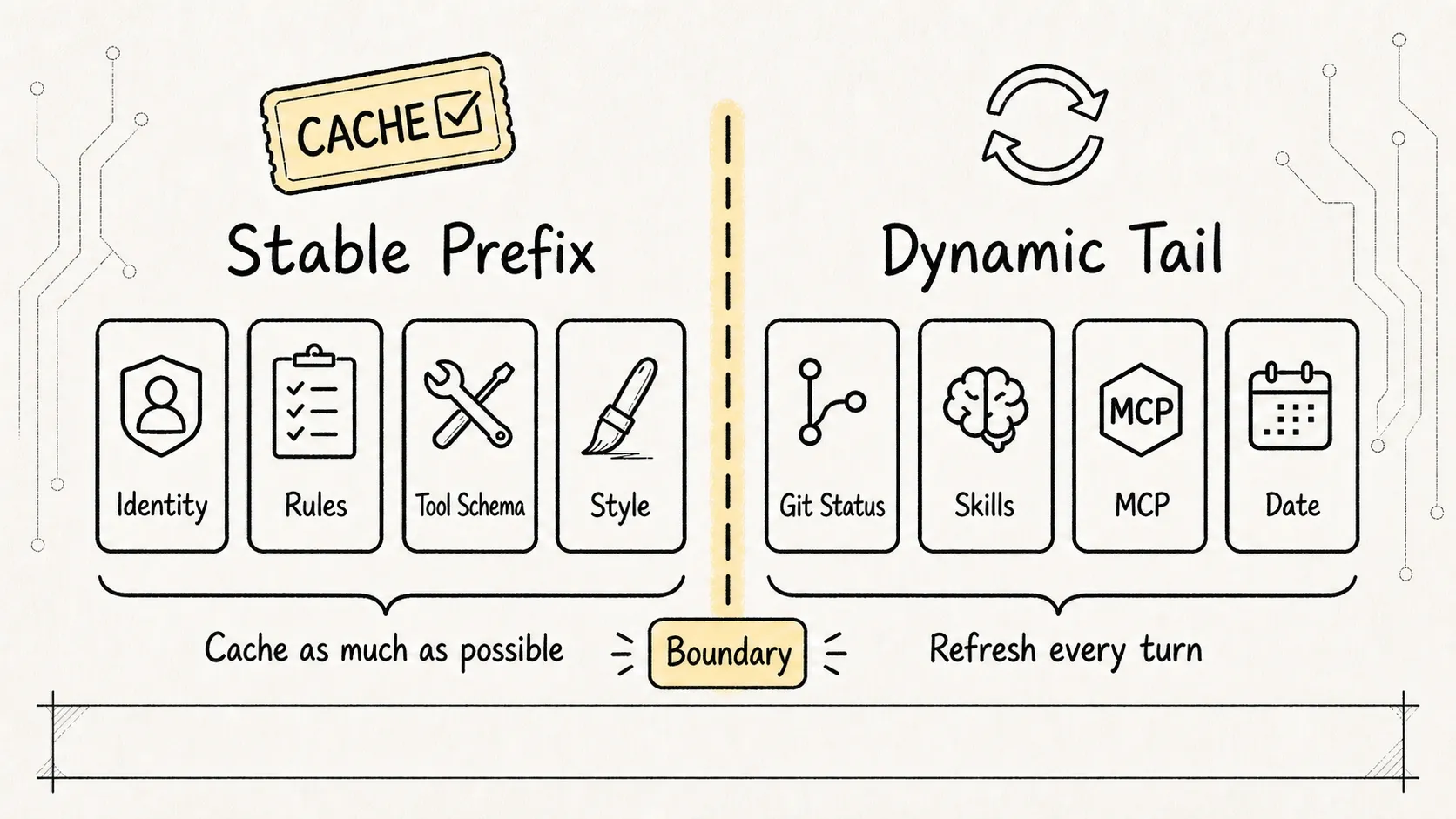 03. Core Mechanism - Prompt Authoring, Sketch 4: Cache boundary between stable and dynamic segments