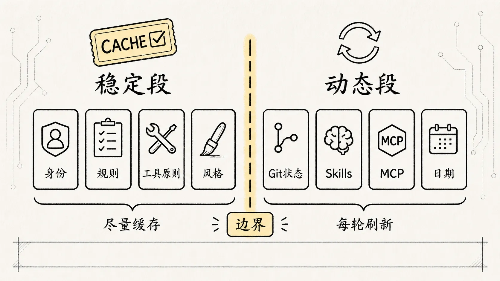 03.核心机制-Prompt编写 手绘图 4：稳定段与动态段的缓存边界
