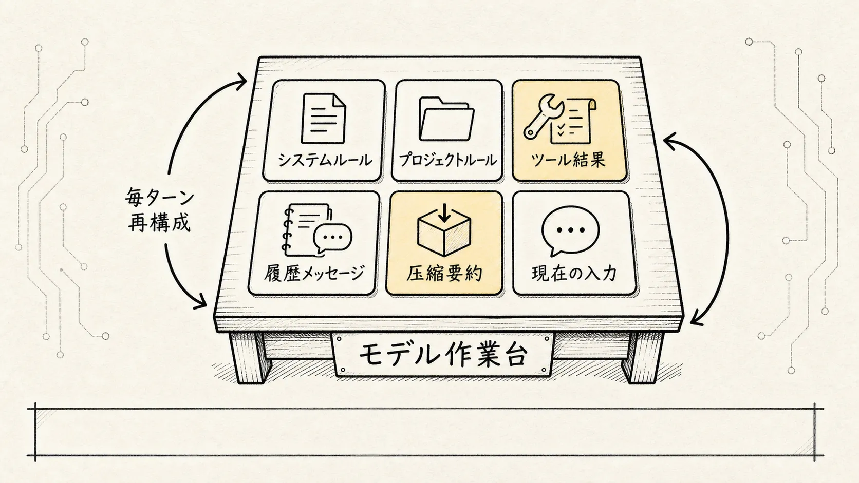 04.1 コアメカニズム - Context 管理 手描き図 1：毎ターン組み直される Context ワークベンチ