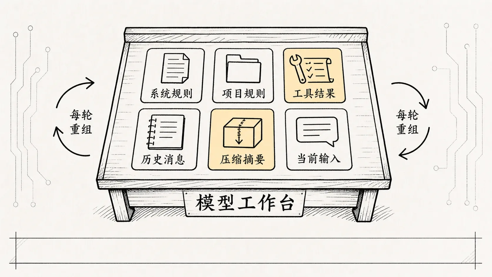 04.1核心机制-Context管理 手绘图 1：每轮重新整理的 Context 工作台