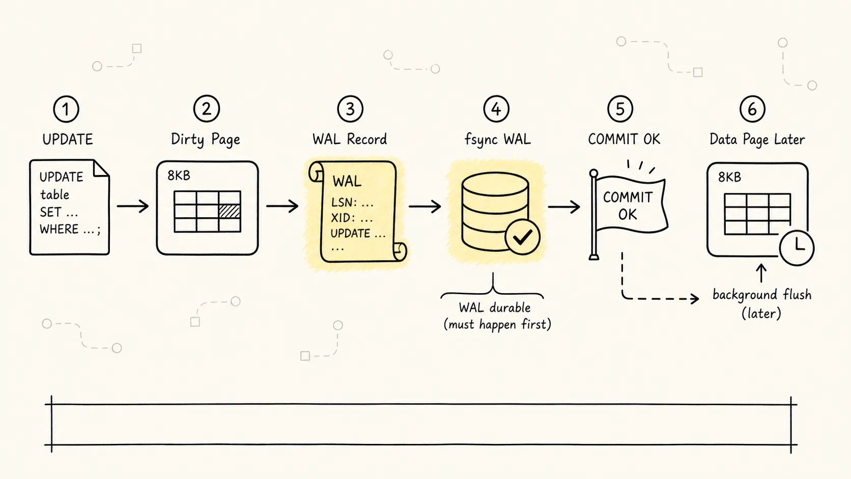PostgreSQL WAL 先于数据页落盘的提交路径
