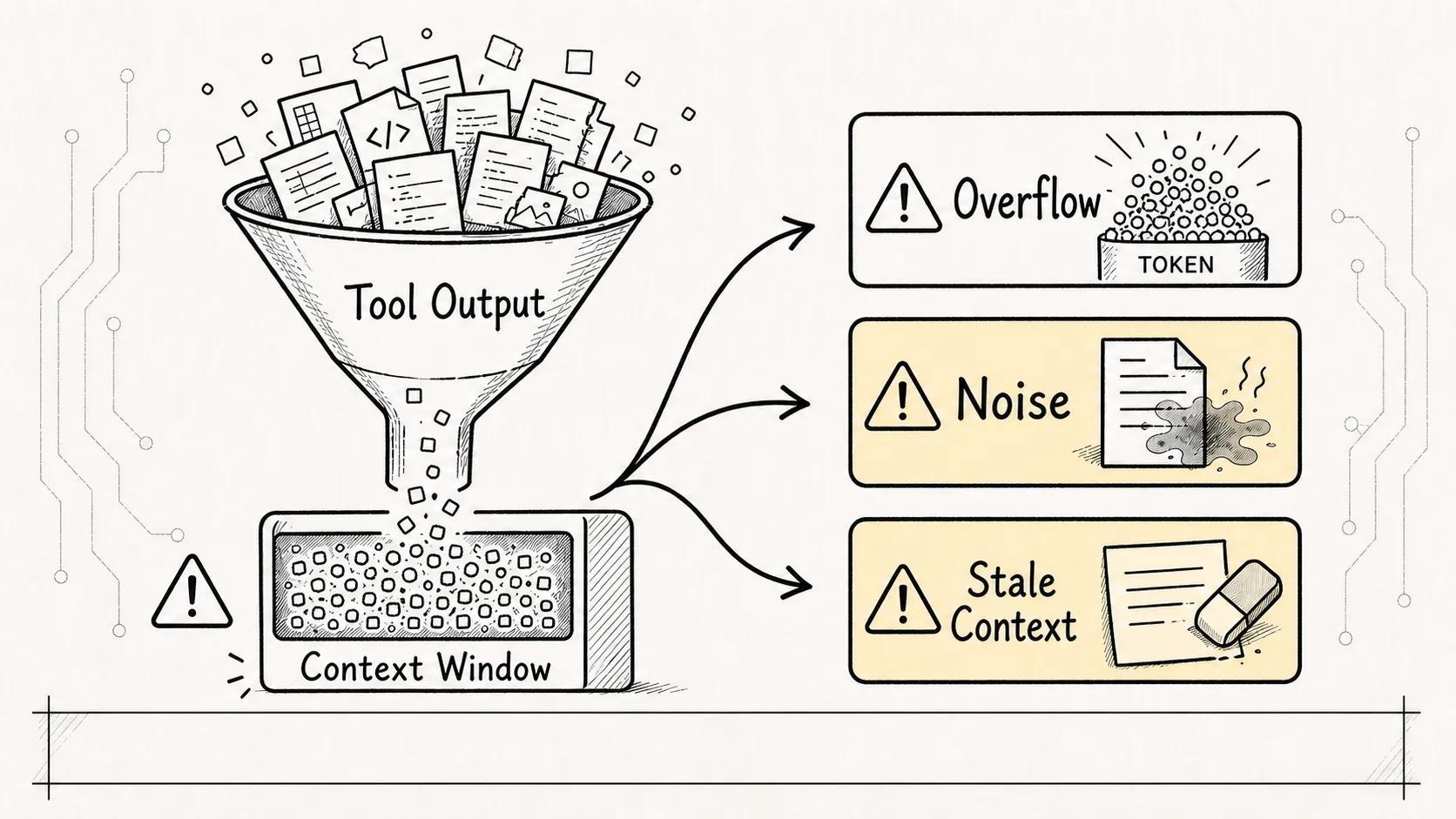 04.1 core mechanism - Context management sketch 2: three failure modes caused by token growth