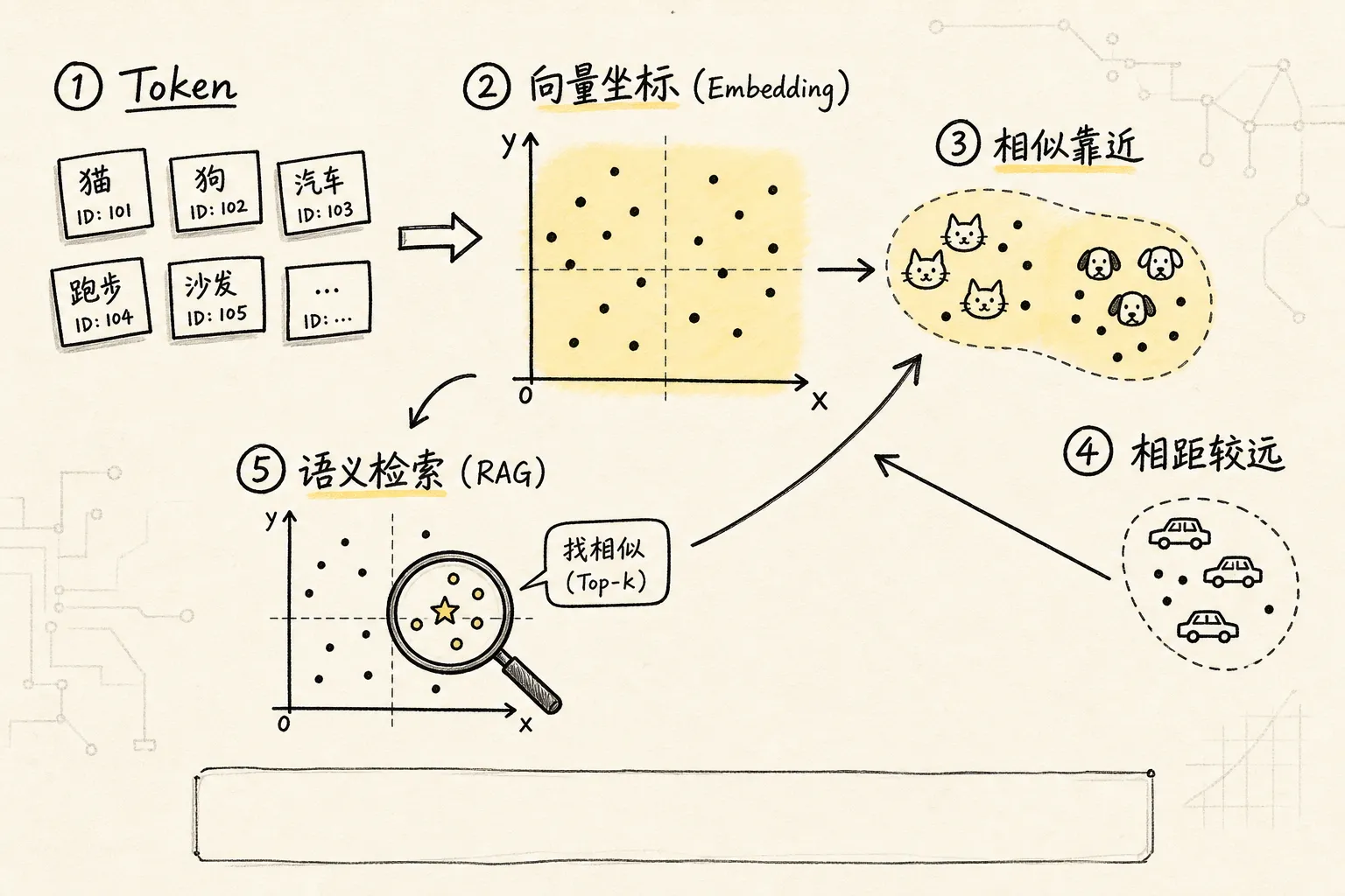 LLM 到底在做什么：从猜词到生成的完整链路 - 三、Embedding：把 token 放进味道地图