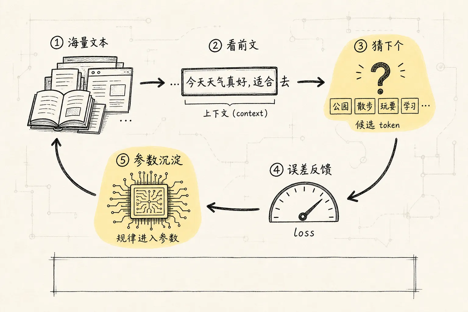 LLM 到底在做什么：从猜词到生成的完整链路 - 四、Pretrain：看海量菜谱练出来的模式